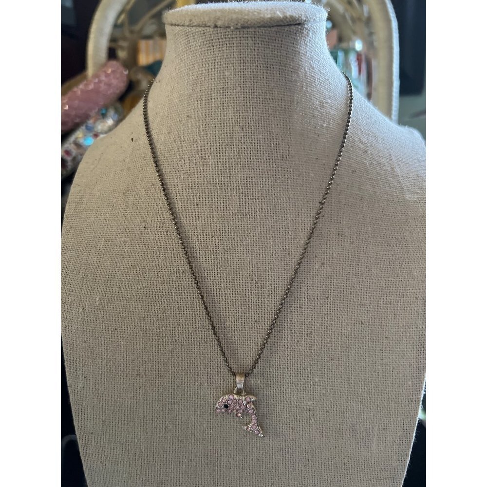 Crystal Pink Dolphin Pendant Necklace -- 15"